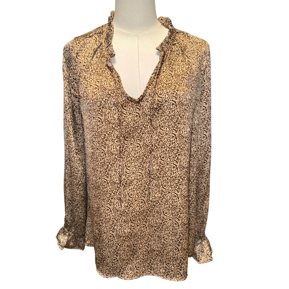 Sabrina Lauren Women Leopard Print Ruffle Neck Long‎ Sleeve Blouse Size S NEW